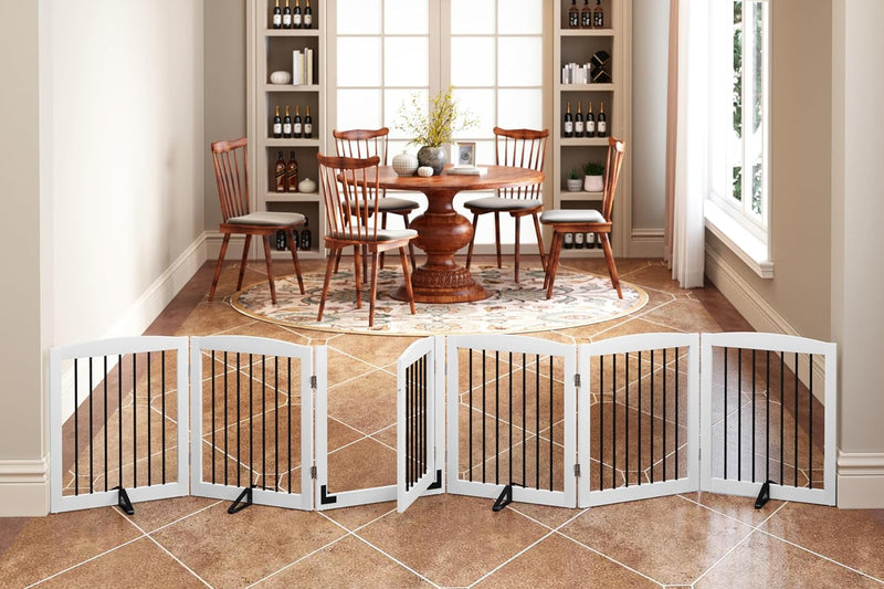 Freestanding Dog Gate with Door - 80 Inch Wide - 24 Tall - Dark Brown - Indoor Use