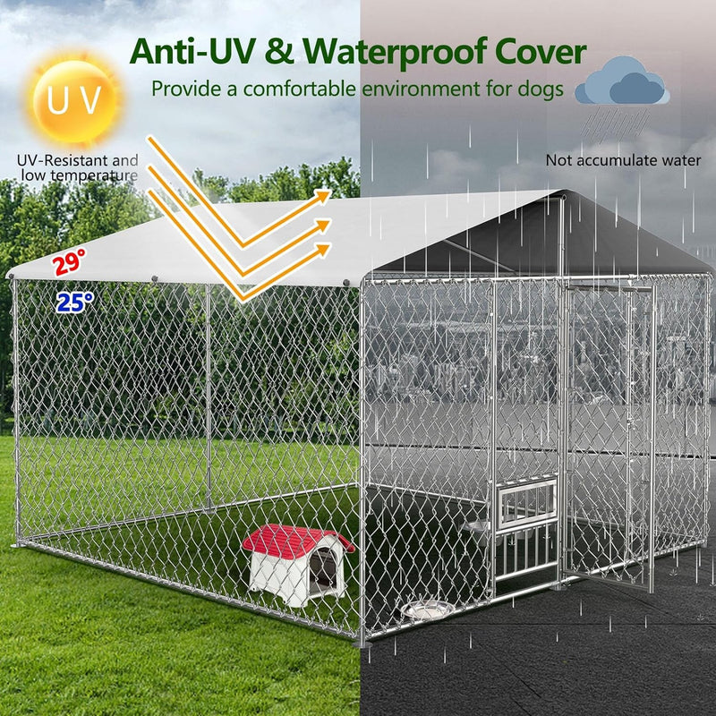 Large Outdoor Dog Kennel with Roof and Feeding Doors - Heavy Duty Chain Link Pen with Bowl Holder and Bowls 97  97  7FT