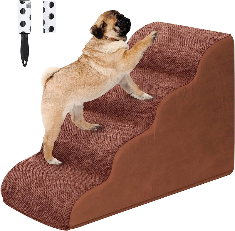 High Density Foam Pet Stairs with Washable Cover - 4 Steps and Hair Remover Roller Included