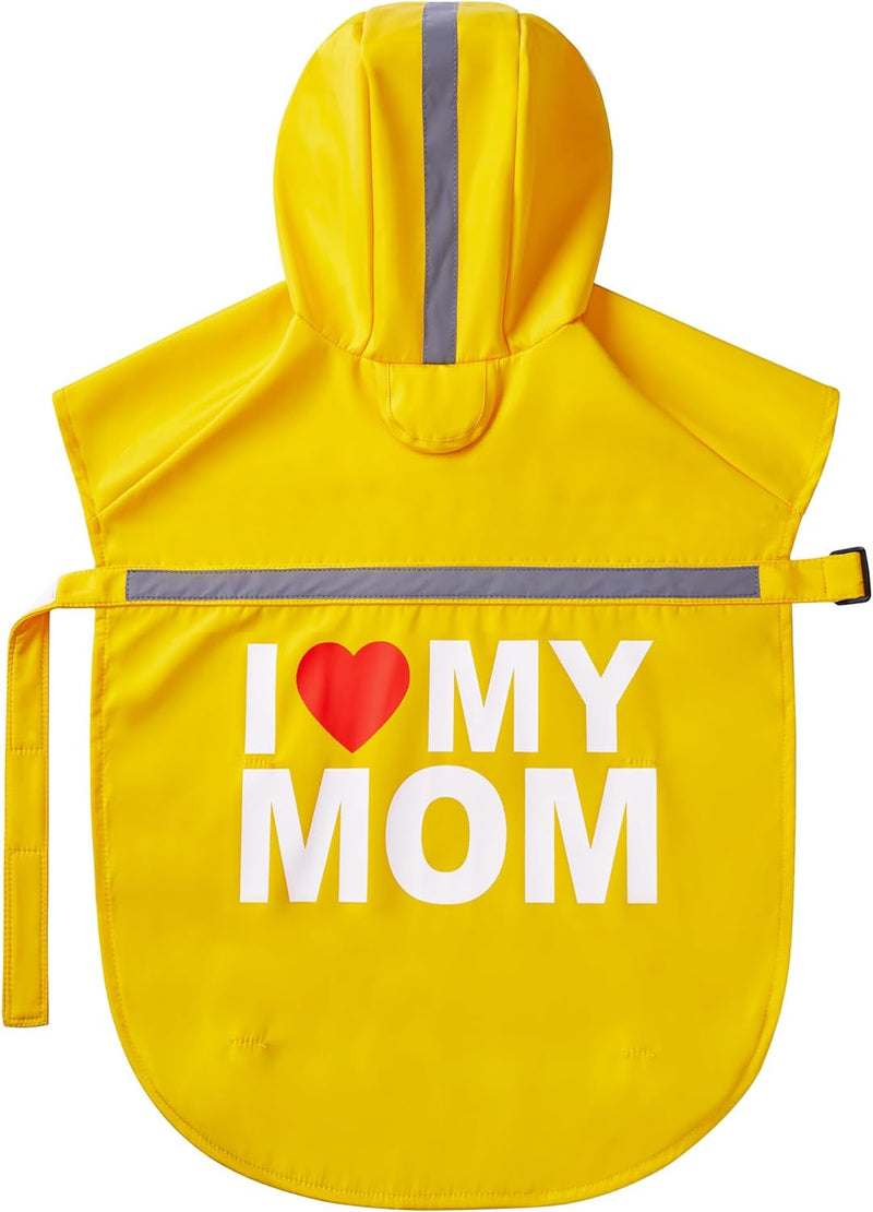 Greenjoy Dog Raincoat - Reflective Waterproof Jacket for Small Medium and Large Dogs Yellow with Cute Print I Love My Mom Medium