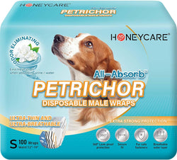 HONEY CARE All Absorb Petrichor Male Dog Wrap, Fresh Smell Dog Diaper, Disposable, Small, White, 100 Count