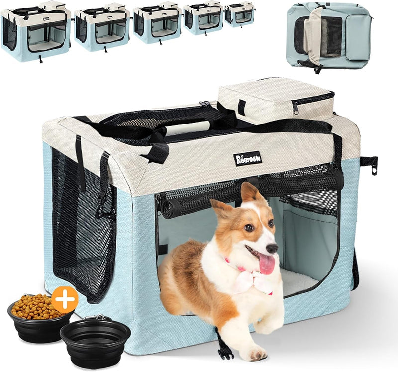 XL Foldable Dog Crate w Bowl Blanket  Collapsible Kennel - Med Dogs Grey