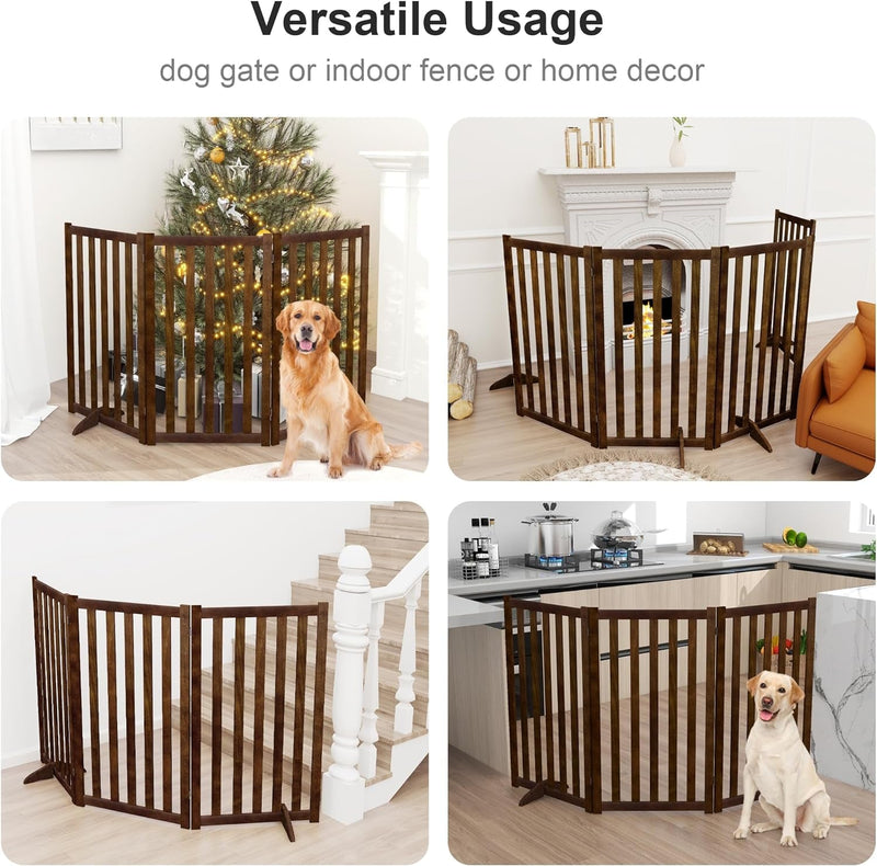 Freestanding Pet Gate - Tall Wood Safety Fence - Support Feet - 3 Panel Design - Walnut