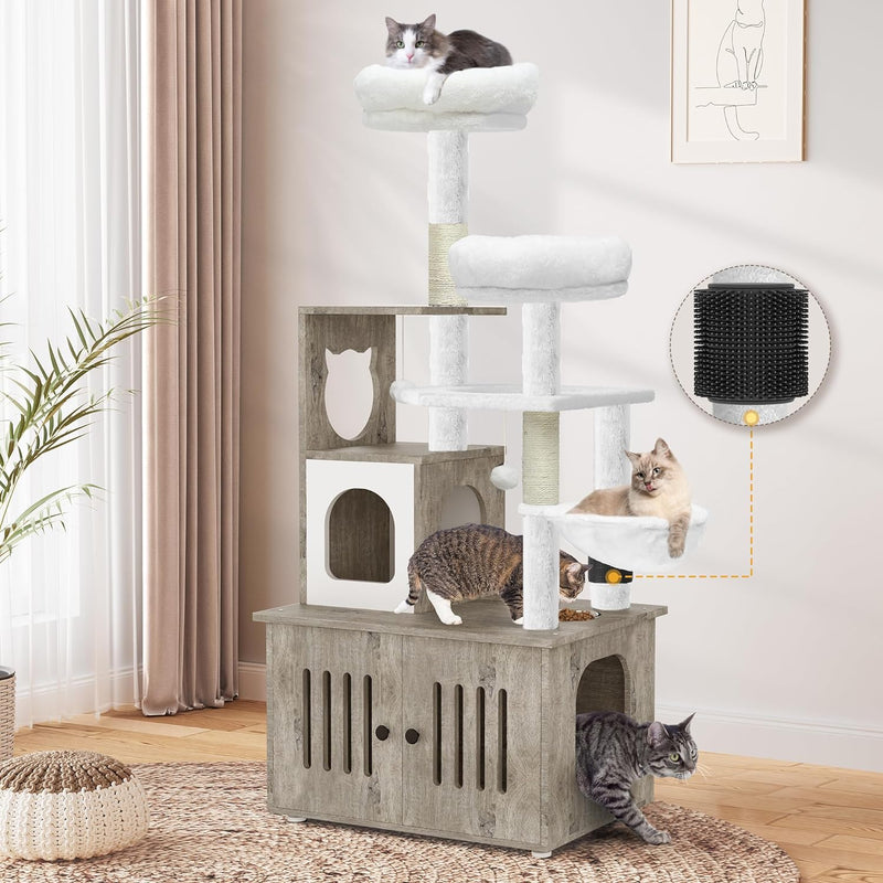 YITAHOME 59 Inch Cat Tree with Litter Box Enclosure, 2-in-1 Cat Furniture Condo, Indoor Cat Tower with Wood House, Perch, Feeding Station, Hammocks, Scratch Post, Hair Brush, Rustic Brown