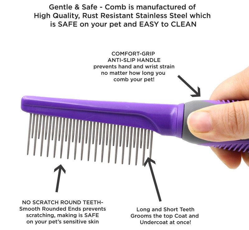 Hertzko Long & Short Teeth Pet Fur Comb - Dog & Cat Hair Detangler, Brush, & Cat Dematting Tool - Hertzko Dog Brush - Grooming Supplies for Removing Matted Hair (Long Teeth)