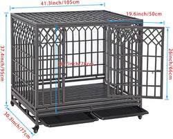 SMONTER 42 Heavy Duty Dog Crate with Lock and Wheels - Dark Silver