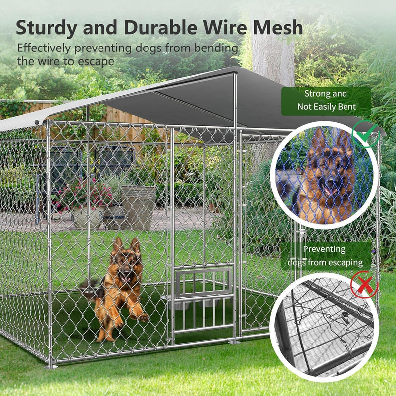 Large Outdoor Dog Kennel with Roof and Feeding Doors - Heavy Duty Chain Link Pen with Bowl Holder and Bowls 97  97  7FT