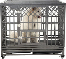 SMONTER 42 Heavy Duty Dog Crate with Lock and Wheels - Dark Silver