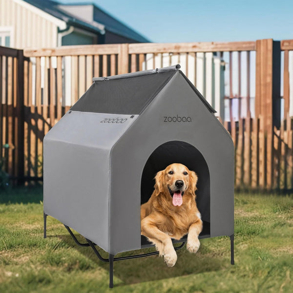 X-Large Waterproof Dog House with Textilene Dog Bed - Grey