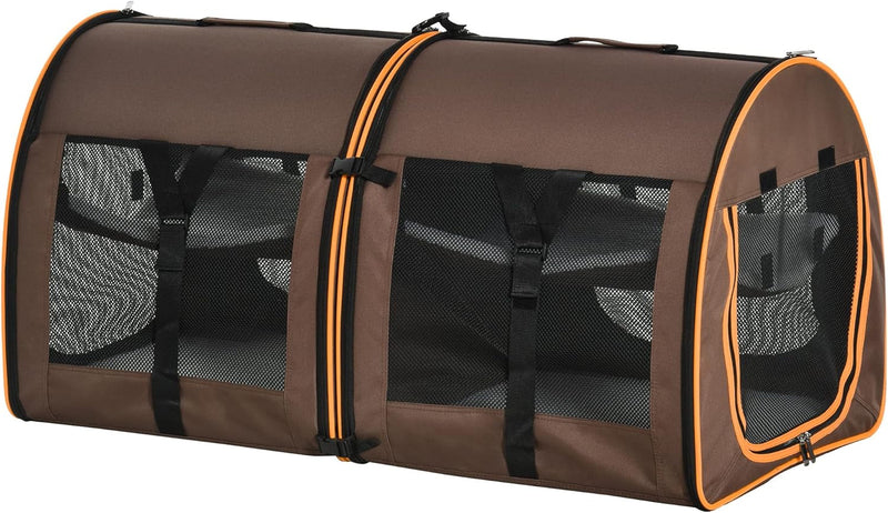 Pawhut Portable Cat Carrier with Divider 2 Compartments Soft Cushions Storage Bag - Brown 39