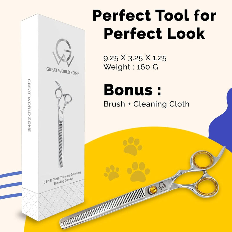 GW 8.5'' Thinning Cat Dog Grooming Blending Scissor Professional 50 Teeth Shears Sharp for Yellow Jeweled Screw J2 Stainless Steel Safety round Tip, Silver, 8.5 X 0.6 X 0.3