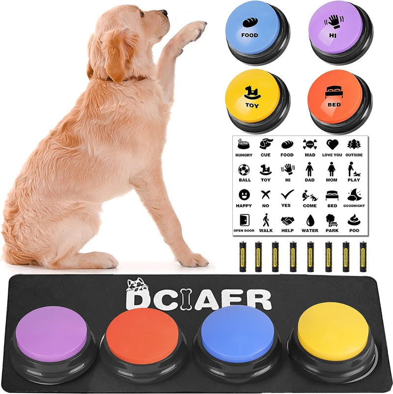 Dog Training Buttons Set with 4 Recordable Buttons 24 Scene Patterns Mat and Batteries - 30 Sec Sound Pet Training Toy