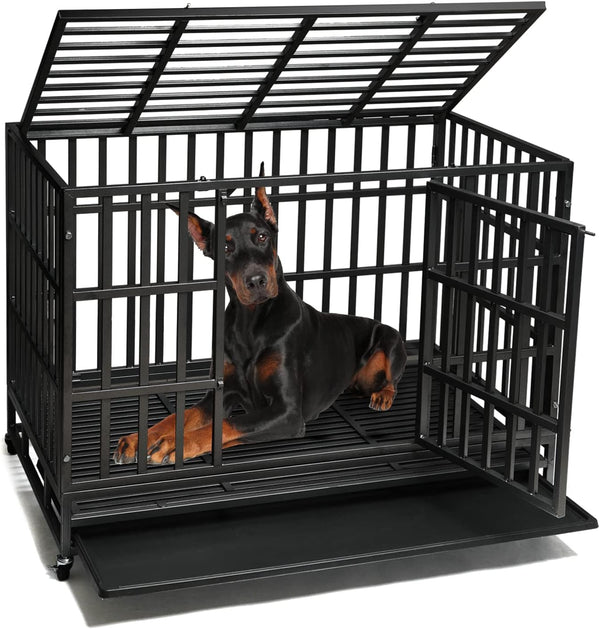 Heavy Duty Dog Kennel Crate Cage with Double Doors Lockable Wheels - XL Pet Playpen 48 Inch