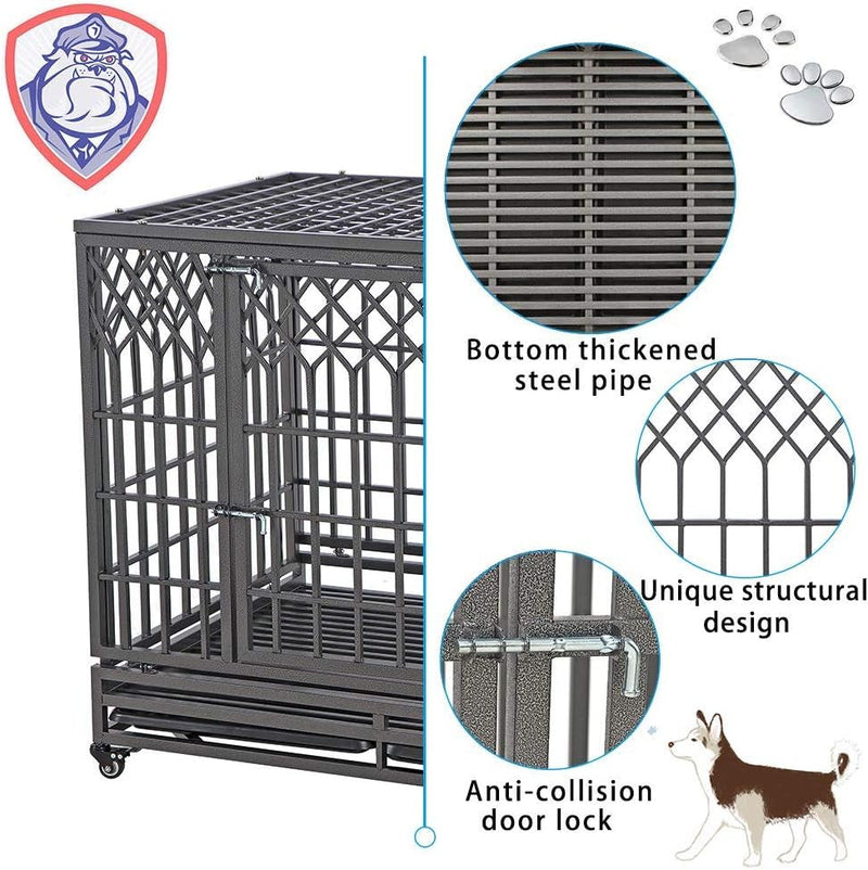 SMONTER 42 Heavy Duty Dog Crate with Lock and Wheels - Dark Silver