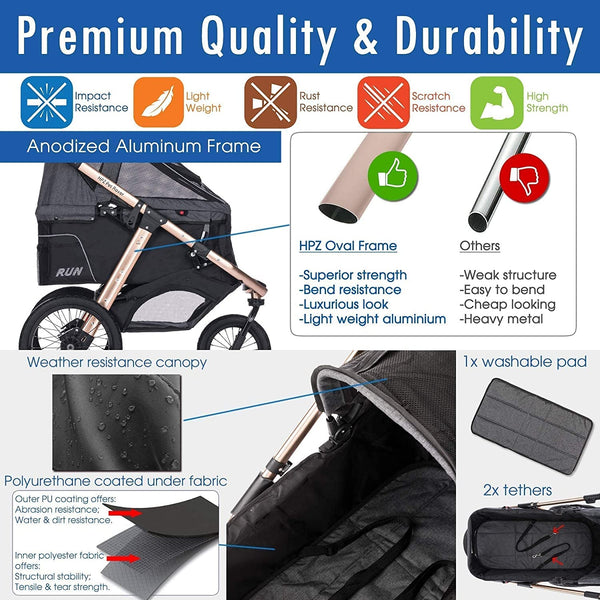 HPZ Pet Rover Performance Jogging Stroller for SmallMedium Dogs Cats and Pets - Black