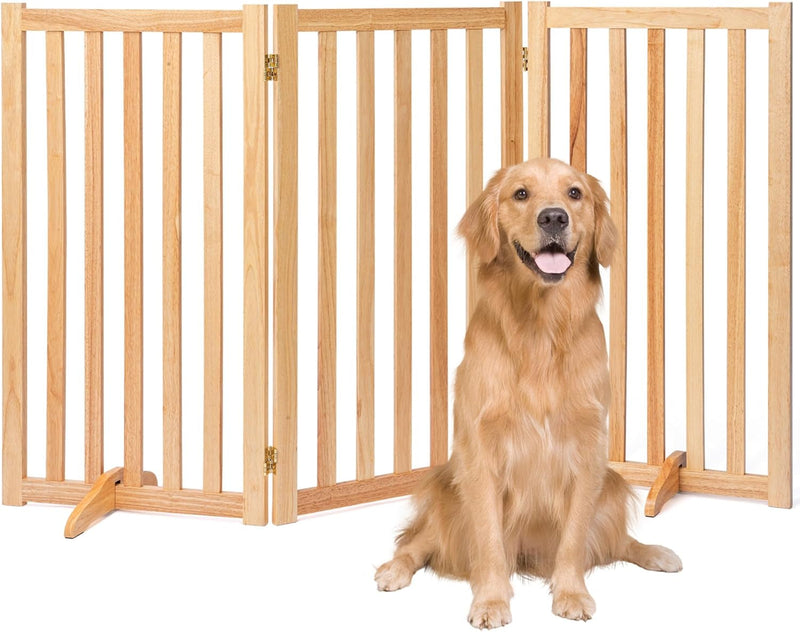 Freestanding Pet Gate - Tall Wood Safety Fence - Support Feet - 3 Panel Design - Walnut