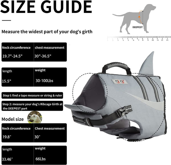 X-Large Dog Life Jacket with Reflective Stripes and Shark Float Coat for Swimming and Boating - For Small Medium and Large Dogs