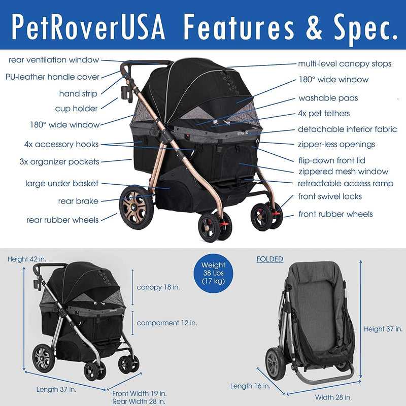 HPZ Pet Rover Titan-HD Premium Pet Stroller with Ramp and 100lb Capacity - Black