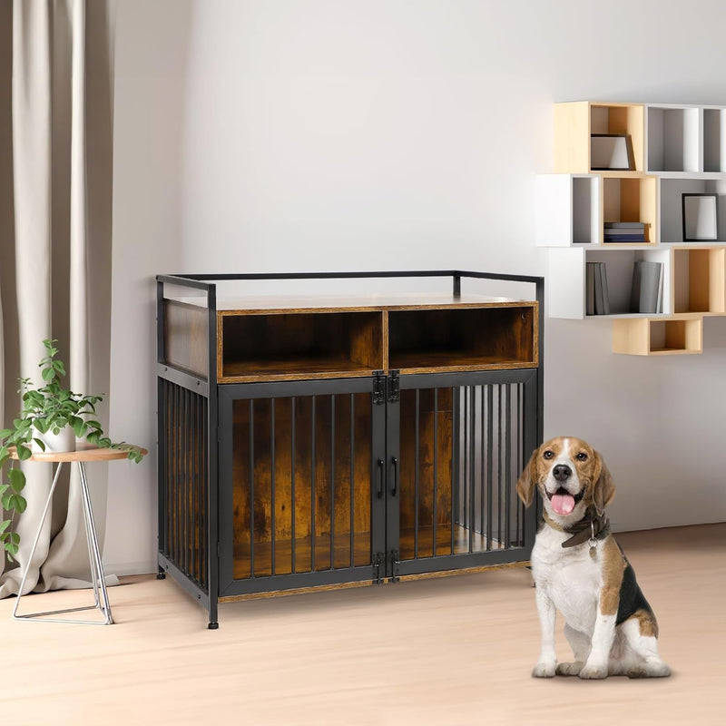 Houseables Dog Crate Furniture, Dog Kennel Indoor, Medium Dog Crate, Dog Kennel Furniture, 41 Inch, Metal, Rustic Brown Wood, Dog Crate Table, Wooden Dog Crate Furniture, Furniture Crate for S-M Dogs