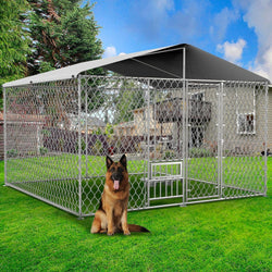 Outdoor Dog Kennel with Roof Feeding Doors and Bowl Holder - Large Chain Link Enclosure 96ft x 96ft x 7ft