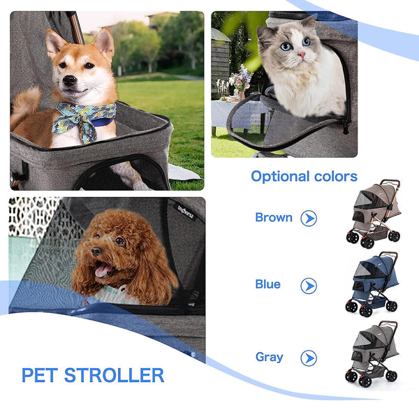 Gray Pet Stroller with Weather Cover and Storage Basket - SmallMedium Size