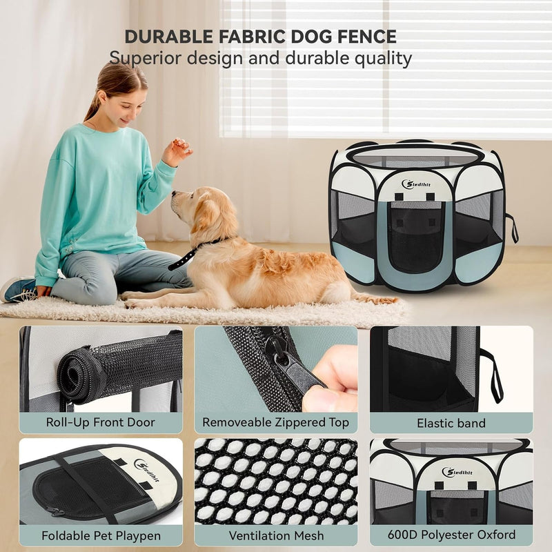 Portable Dog Playpen Crate with Removable Top and Carrying Case - Grey