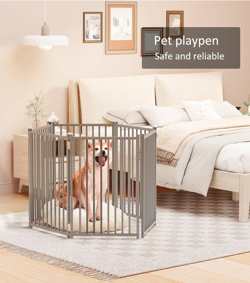 Heavy Duty Dog Playpen Pet Gate with Steel Frame and Double Hinged Divider - Indoor Dog Fence 6 Panels 24x120 Grey