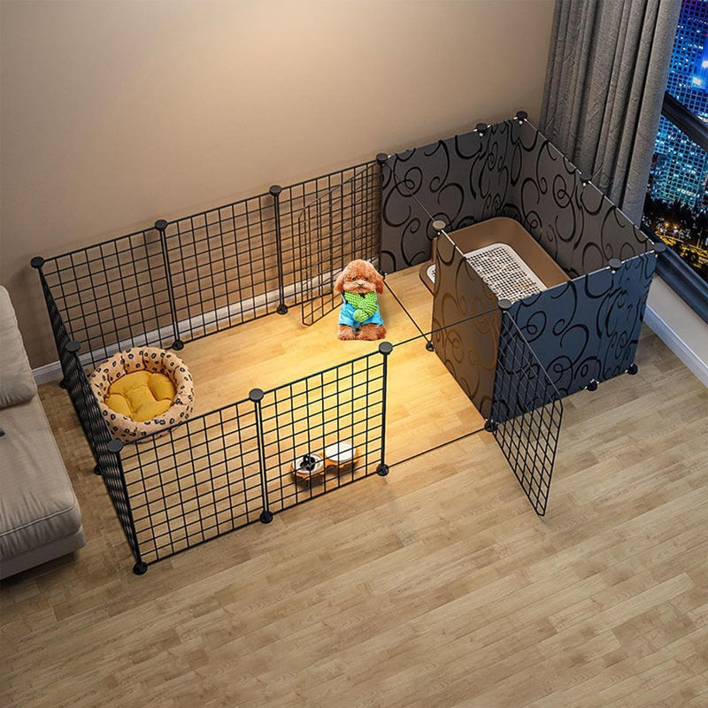 Indoor Portable Dog Playpen with Door - 14 Panels Metal Wire for Small Animals Black