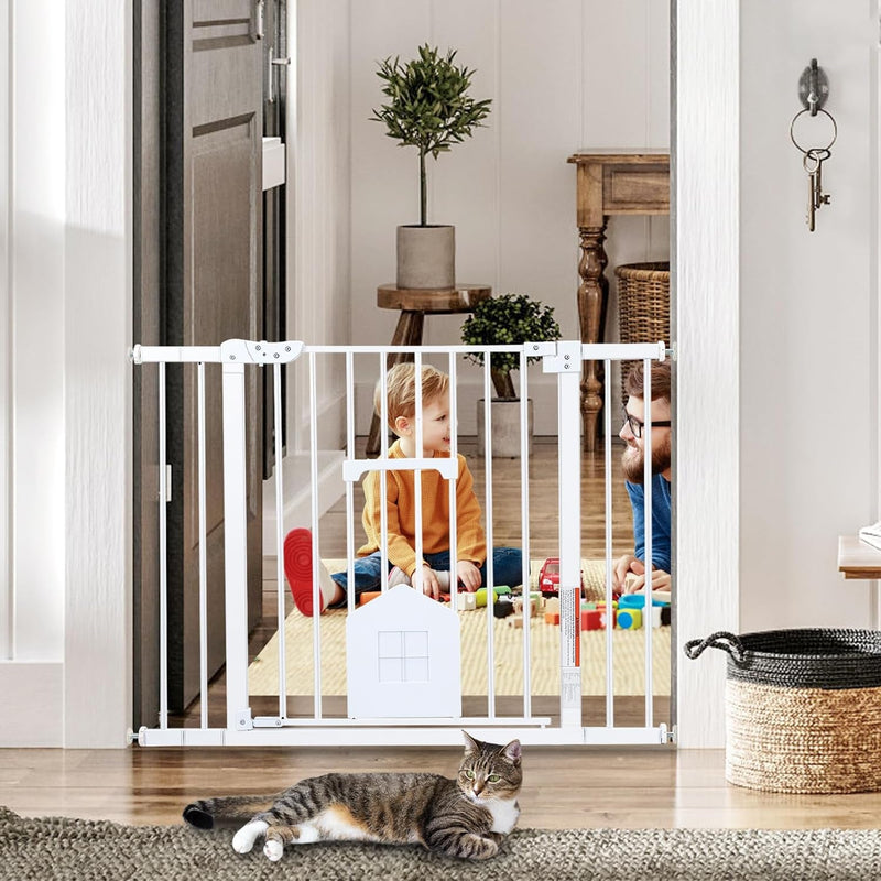 HAHA KID Baby Gate with Cat Door 29-40 Pressure Mounted Easy Walk Thru Pet Gate - White