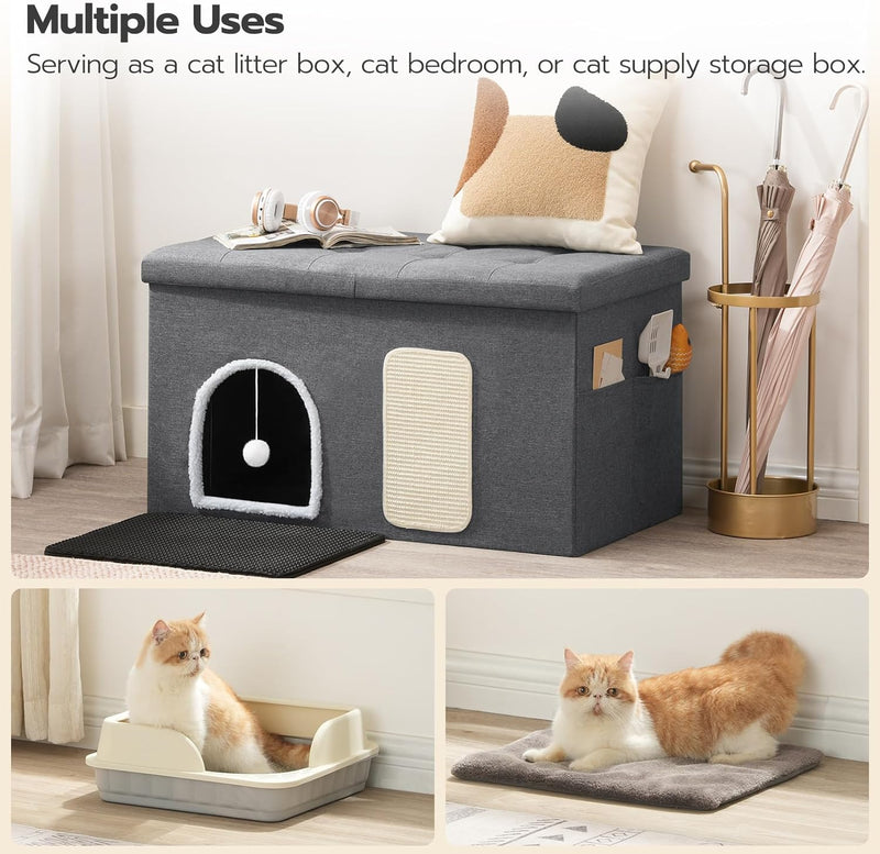 HOOBRO Cat Litter Box Enclosure, 35.4" Hidden Litter Box Enclosure, Cat Litter Box Furniture with Cat Mat, Including Scratching Board and Cat Toy, Waterproof, Easy Assembly, Gray GYZ90MW03