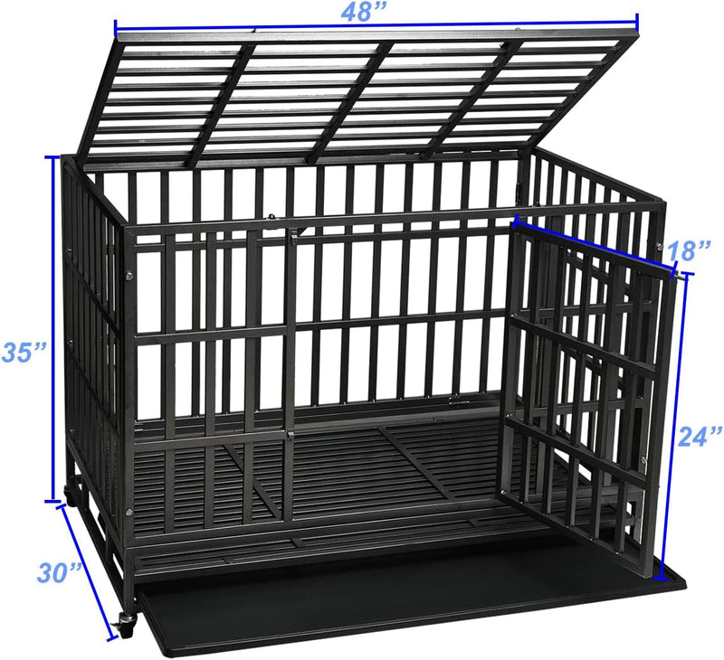 Heavy Duty Dog Kennel Crate Cage with Double Doors Lockable Wheels - XL Pet Playpen 48 Inch