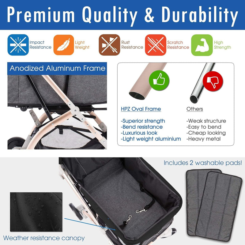 HPZ Pet Rover Lite Stroller for Small  Medium Pets - Travel Carriage with Convertible Compartment and 1-Hand Quick Fold