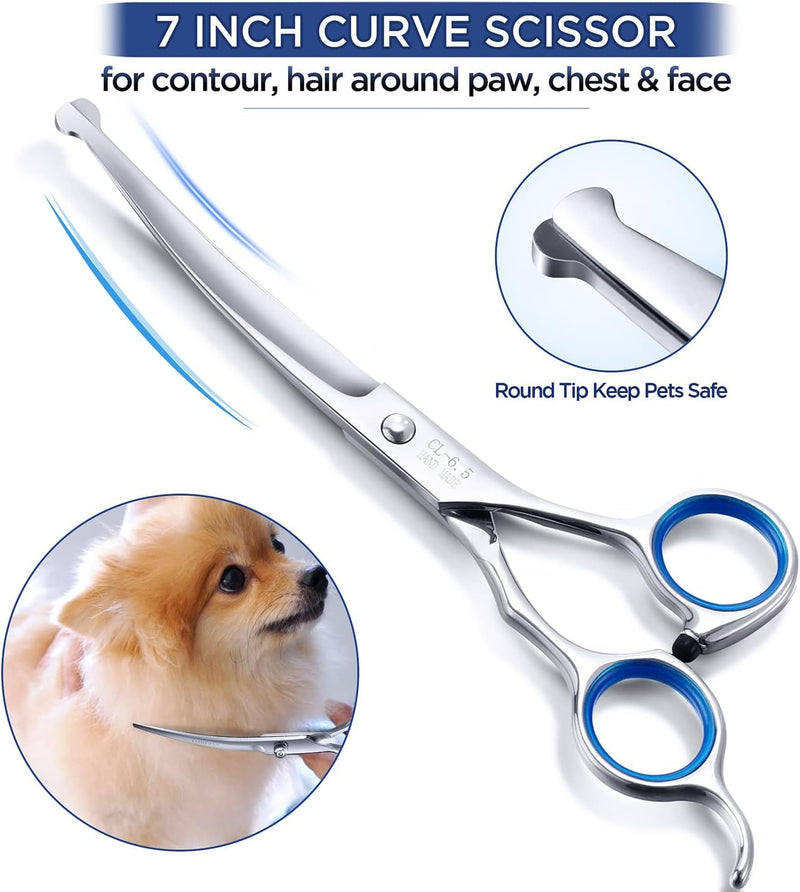 Gimars 3 in 1 Professional 4CR Dog Grooming Scissors Kit with Safety round Tip, Heavy Duty Titanium Coated Straight & Thinning & Curved Shears & Comb Set for Dog & Cat Grooming