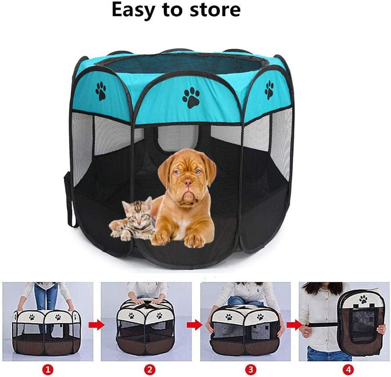 Portable Pet Playpen - Foldable IndoorOutdoor Exercise Kennel with Tent Mesh Cover - Blue S 28x28x18 for DogsCatsRabbits