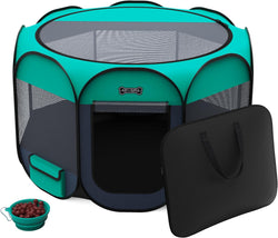 Premium Portable Pet Playpen - IndoorOutdoor Foldable Pen with Water-Resistant UV Shade FREE Case  Travel Bowl Included