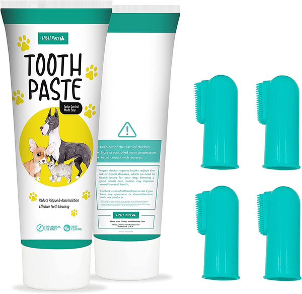 H&H Pets Dog Toothbrushes and Toothpaste Best Professional Cat & Dog Finger Tooth Brush, Dog Brush Set, Perfect for Dogs and Cats, Dog Supplies - Size Small 4 Count 3.5 Oz Toothpaste (100G)