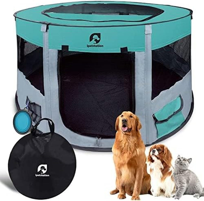 Foldable Portable Dog Playpen - 44 Grey-L with Travel Bowl