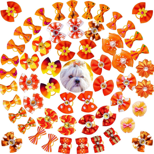 100-Pack Fall Pet Hair Bows - Thanksgiving Orange Dog Grooming Accessories