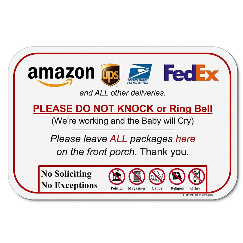 Leave Package Sign - No Knock or Doorbell Dog-Friendly 6x9 Sign Easy Mount Rust-Free PVC