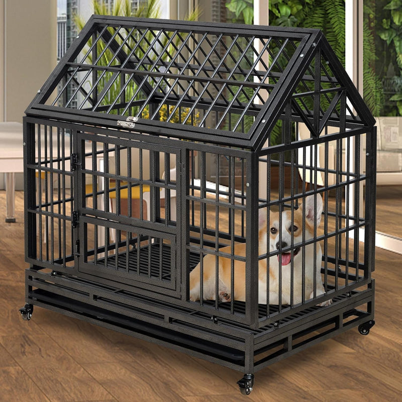 Heavy Duty XXL Dog Crate with Wheels 3 Doors Removable Tray - 42 Inch Spire Roof