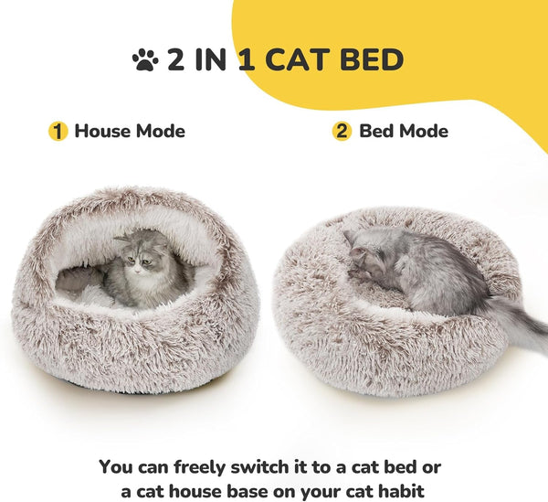 Hooded Plush Cat Bed Cave - Cozy for Cats and Small Dogs - Washable