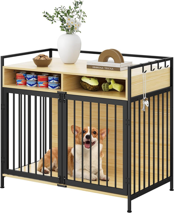YITAHOME Large Dog Crate Furniture, Heavy Duty Wooden Dog Crate with Drawers Storage and 4 Hooks, Dog Kennel Furniture for Large Medium Small Dogs, Walnut Color