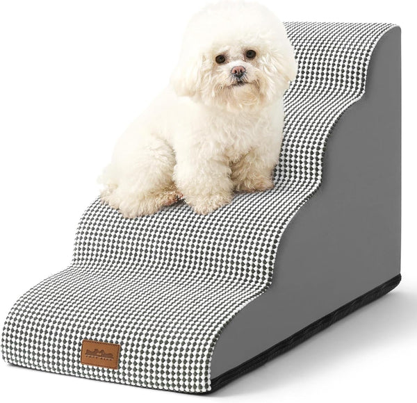 High Density Foam Dog Stairs Ramp for Beds and Furniture - 4 Tiers Non-Slip Waterproof Cover - WhiteGrey