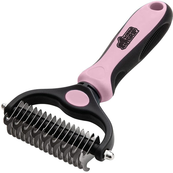 Gorilla Grip Stainless Steel Pet Grooming Rake, Comfort Handle, Dematting and Deshedding Dog Brush, Prevent Mats and Tangles, 2 Sided Cats and Dogs Hair Comb, Groom Short Long Undercoat Fur, Pink