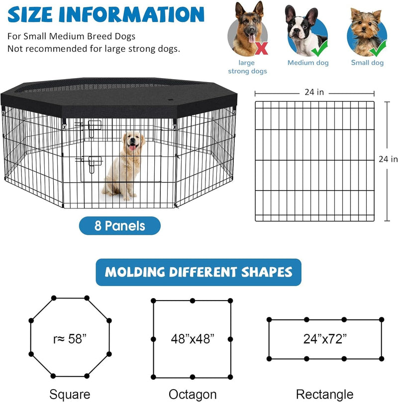 IndoorOutdoor Dog Playpen - Foldable Metal Exercise Yard with Top Cover - 8 Panels