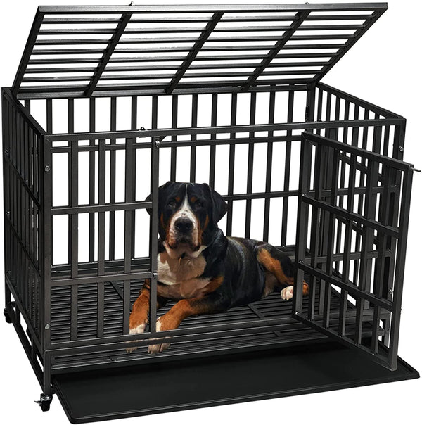 Heavy Duty 48 Dog Crate with Removable Tray Double Doors Lockable Wheels - Easy Assembly