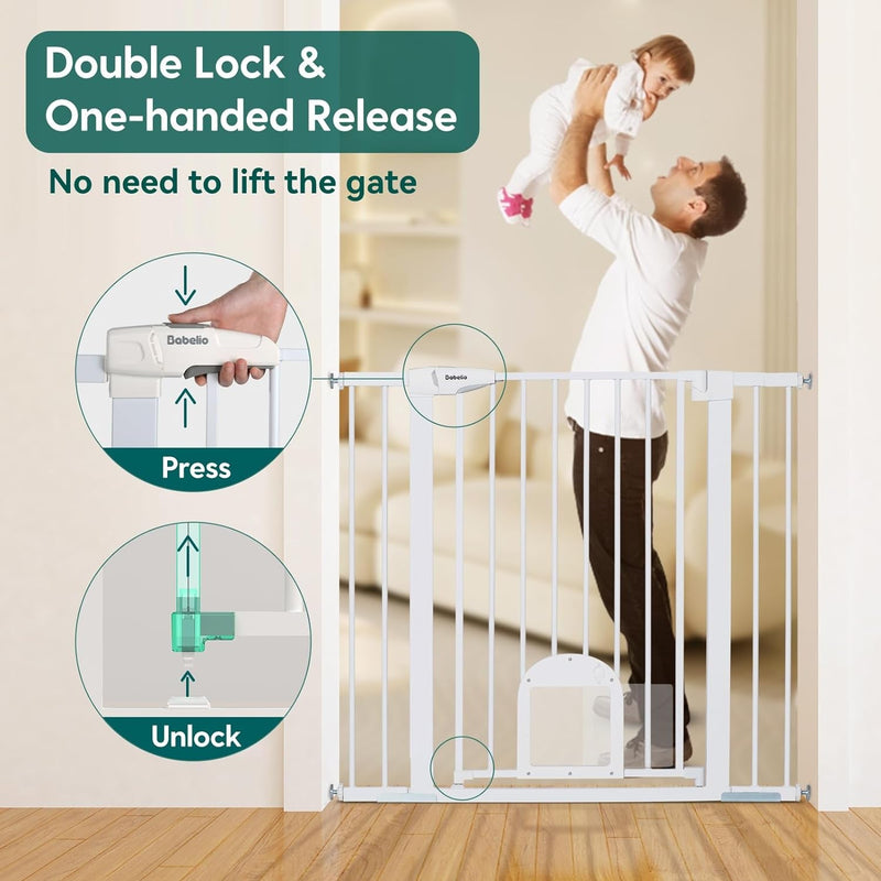 Adjustable Baby Gate with Cat Door and Auto Close - Durable and Safe for Stairs and Doorways