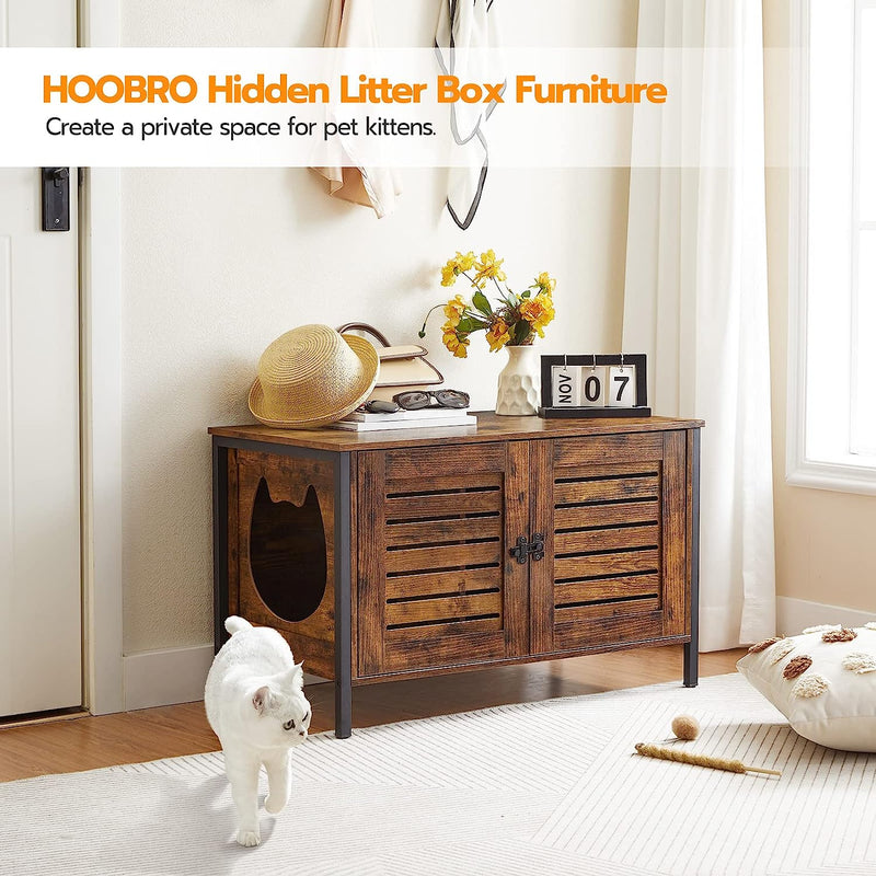 HOOBRO Cat Litter Box Enclosure, Hidden Litter Box Furniture with Shutter Door and Head Mat, Cat Litter Box Furniture Fit Most of Litter Box, 31.5''L x 17.7''W x 19.9''H, Rustic Brown BF06MW01