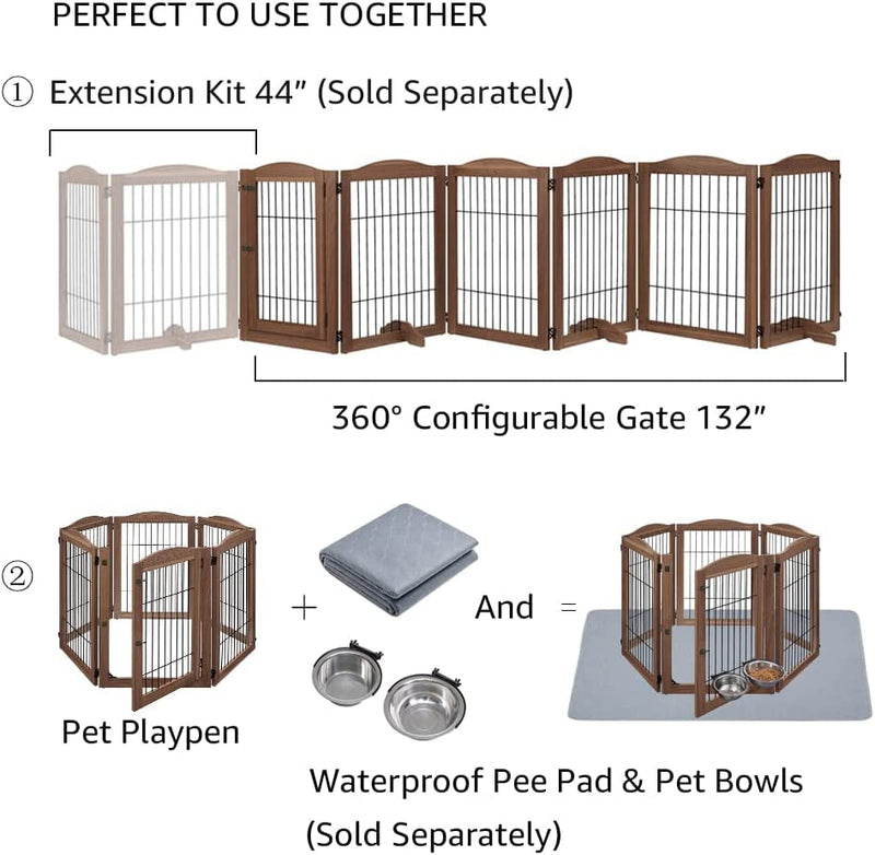 Extra Wide Dog Gate and Playpen with Door - Tall Fence for Dogs Cats and Babies - Walnut