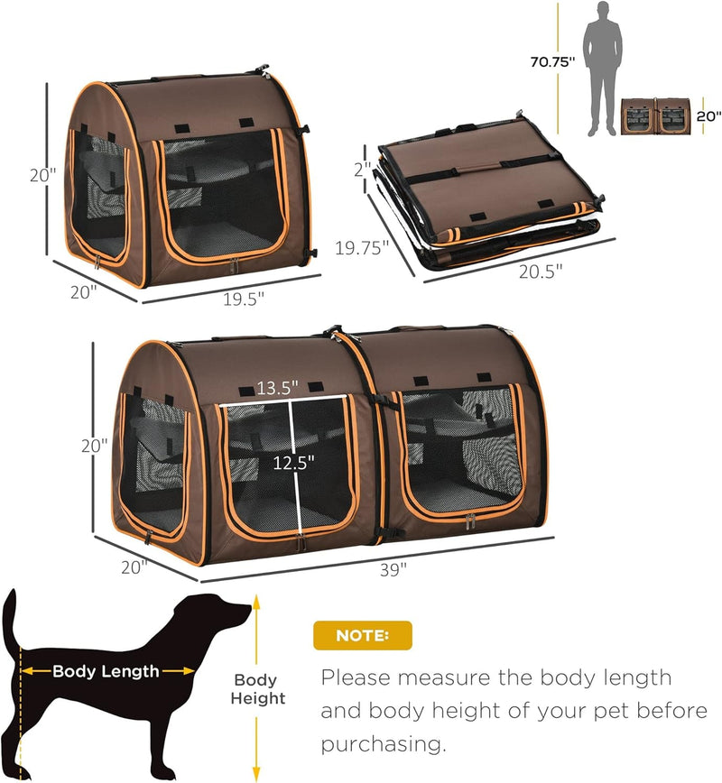 Pawhut Portable Cat Carrier with Divider 2 Compartments Soft Cushions Storage Bag - Brown 39